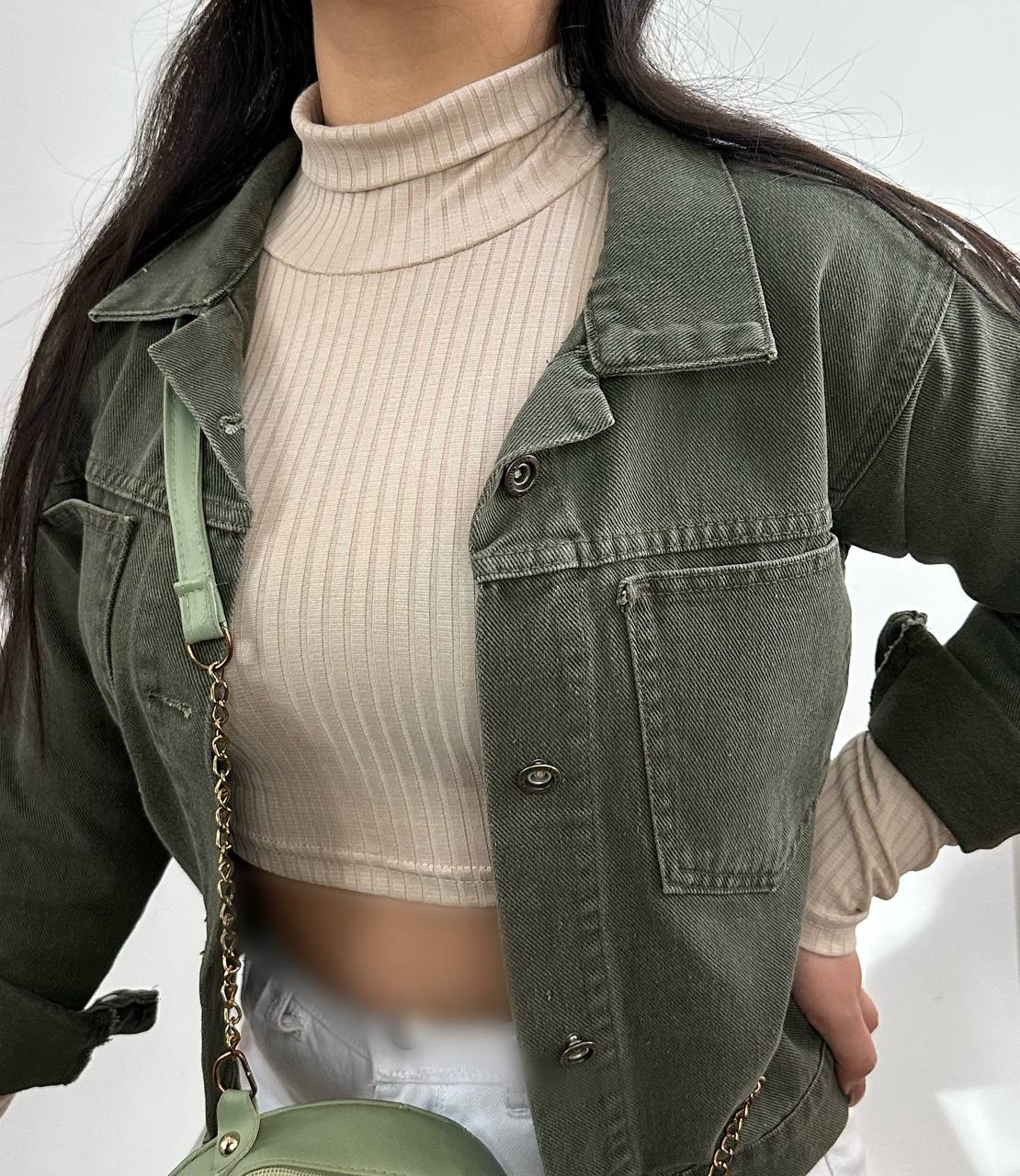 کراپ کت جین کرم و یشمی زنانه کد 134